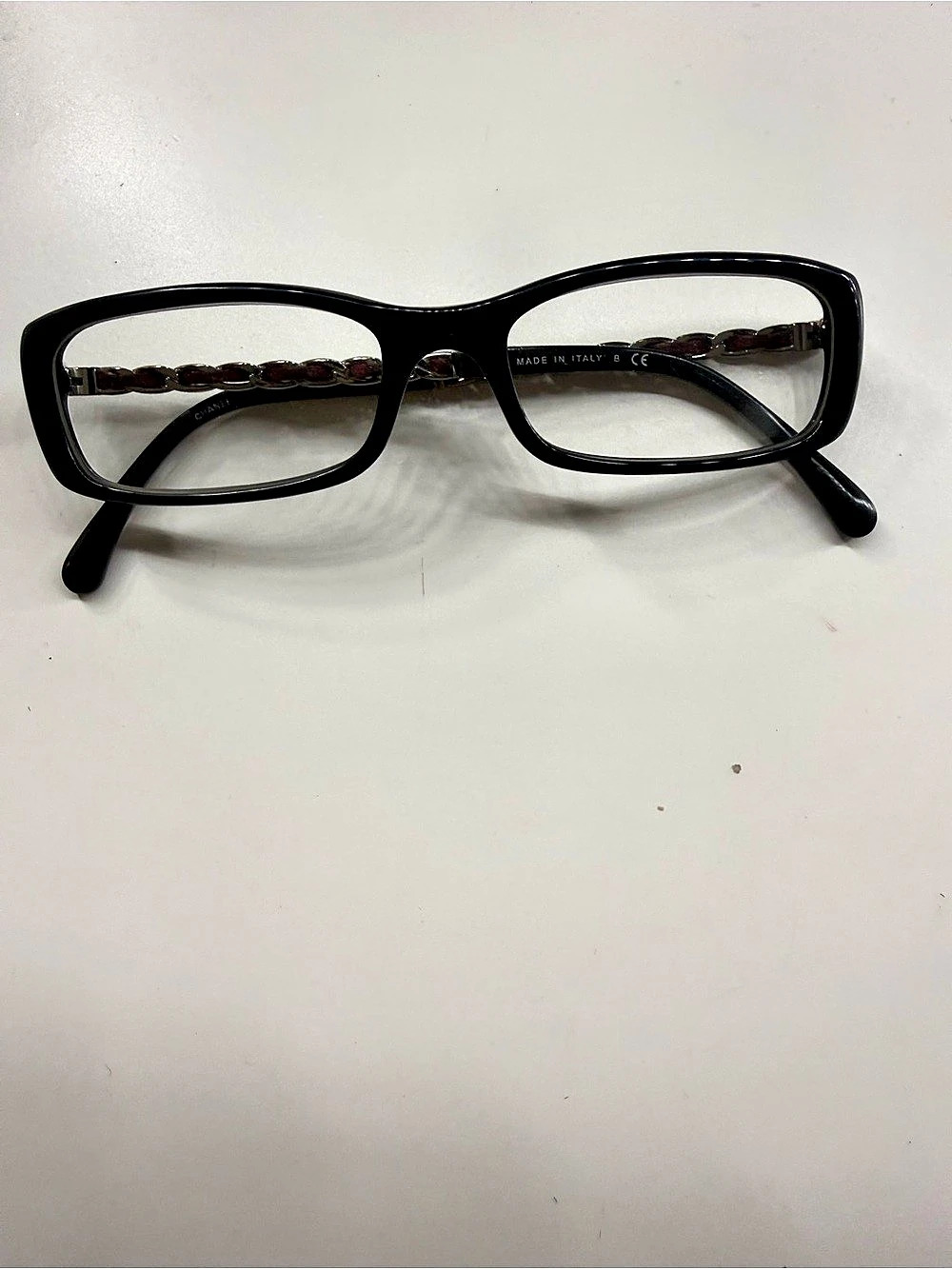 CHANEL 3282 Interlaced Leather & Chain Eyeglasses Black